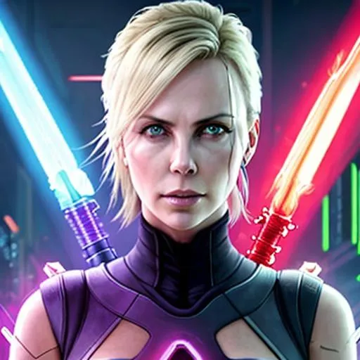 Prompt: Charlize Theron as a Sith Lord, cyberpunk eye, cyberpunk 2077, lightsaber duel, evil jedi, mechanical eye