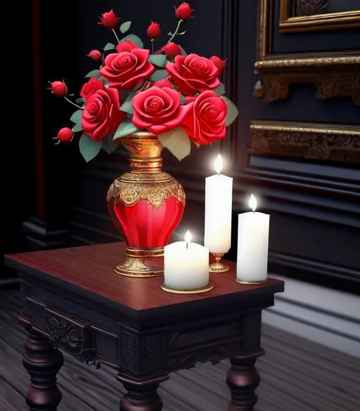 Prompt: Romance Splendor Ambiance 3D, HD, ({red}{one}Rose in a vase on middle of a long antique ornate wooden desk with one {small short waxy}candle) nearby), expansive romantic background, intimate candlelight, hyper realistic, 4K --s98500