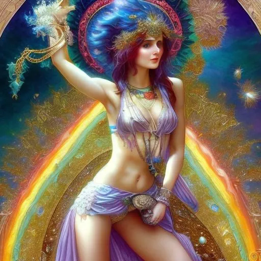 Prompt: Ana de armas, chakras, Alphonse Mucha, Luis Royo, Joyce ballantyne, rainbow hair