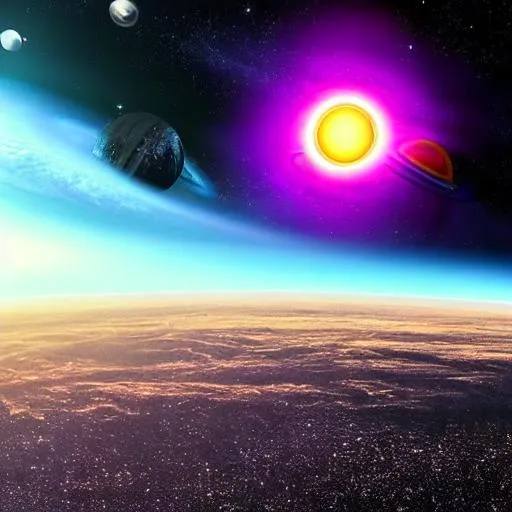 Prompt: Space, bautiful planet, 2 sun's, black hole, purple space