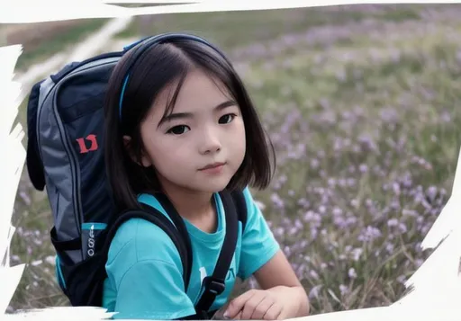 Prompt: A girl sitting on a bench in a peaceful meadow, wearing a backpack saying "PrestonPlayz" on it.