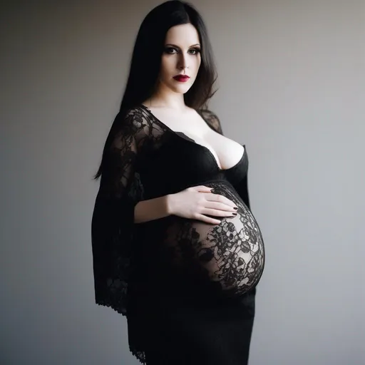 Prompt: pregnant woman, well endowed, bare midriff, goth, black lace, pale skin, photography,
