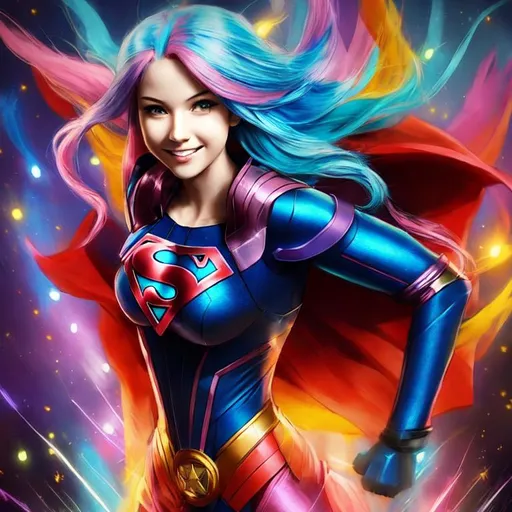 Prompt: Blue and pink haired Colorful female superhero standing proudly and smiling