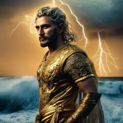 Prompt: A god with short hair and short beard, wearing gold clothes, a full moon in the background, lightning falling and a wave crashing under