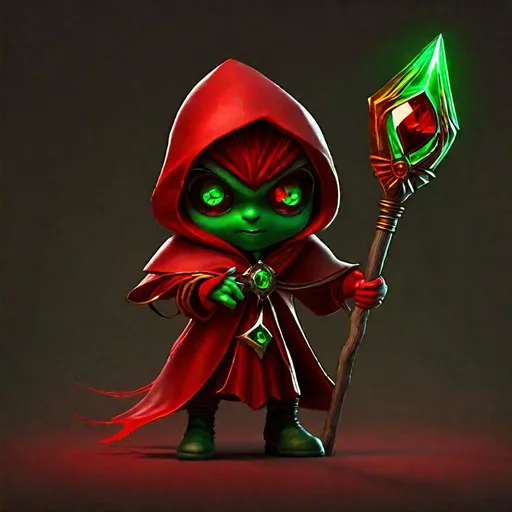 Prompt: animated little red cultist with a staff with shiny green gem