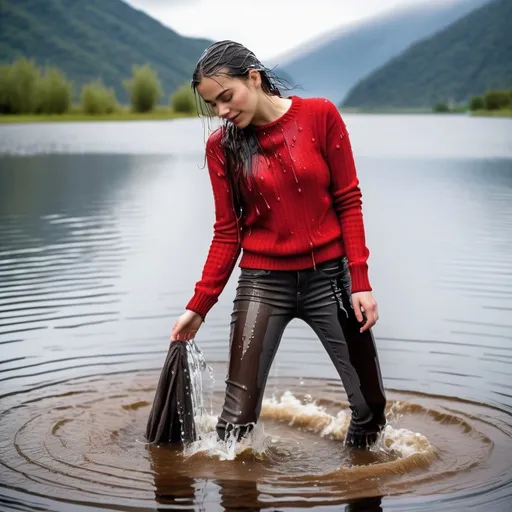 Prompt: photo of young woman, soaking wet clothes, brown leather shoes, dark grey jeans, tight red sweater,  , coming out of a lake,   enjoying, water dripping from clothes, clothes stuck to body,  detailed textures of the wet fabric, wet face, wet plastered hair,  wet, drenched, professional, high-quality details, full body view.