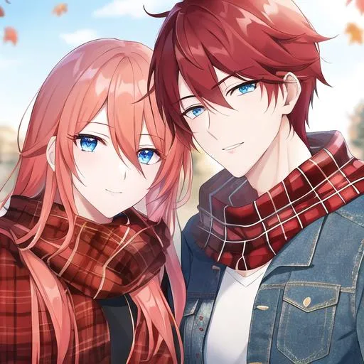 Prompt: Zerif 1male (Red side-swept hair covering his right eye, blue eyes), highly detailed face, wearing a cozy flannel shirt and a pair of stylish jeans. In the park, fall.  wearing a scarf, looking up at the sky, in a pumpkin patch, adult. Handsome,  detailed, UHD, HD, 4K, highly detailed, red haze, masculine, anime style