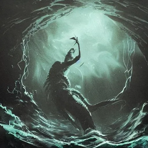 Prompt: terrifying giant amalgamous monster sneaking up from the deep dark sea underwater, many teeth and eyes, too many limbs, thalassophobia, tiny person swimming, liminal space, sinking deep into the ocean, dark and ominous, highly detailed and sharp