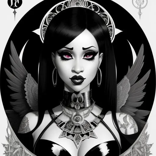 Prompt: demonic cardi b, dark atmosphere, greyscale, detailed linework, cinematic, psychedelic, black paper, ornate, symmetrical, tarot card, highly detailed, ink illustration, style of peter mohrbacher, golden ratio, 8 k