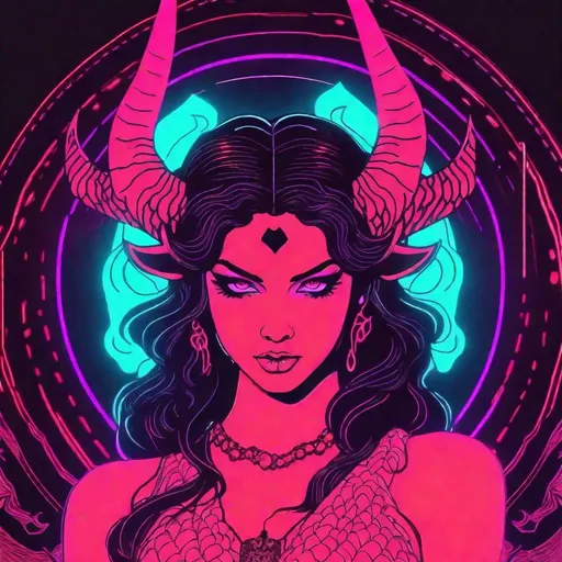 Prompt: beautiful female demon, hell, demonic, vaporwave, retro, neon, aesthetic, liminal, high quality, high definition, beautiful, dramatic lighting