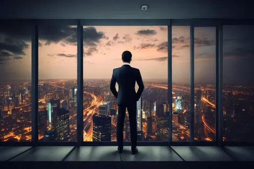 Prompt: Late night scene, rear back view of successful rich businessman in suit standing looking through window at modern city buildings  skyscrapers thinking of future business vision dreaming of new opportunity