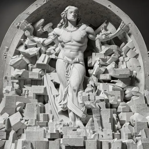 Prompt: “statue made of pieces of white stone, anvil with hammer, sparks, heaven, pantheon”