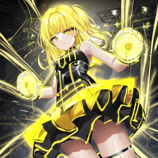 Prompt: yellow electrical tiered woman, popping shine, crisp mini-skirt, bold statements, radical metal