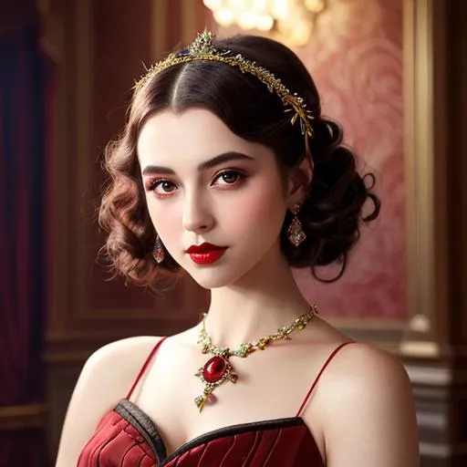 Prompt: Ethereal fantasy image detailed painting by Tim burton and artgerm portrait of a beautiful 1920's high class young aristocrat female with dark brown eyes perfect cherry red lips wearing a very beautiful formal gown,  artgerm, award-winning cgi, blender 