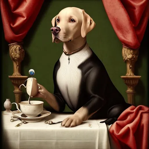 Prompt: Renaissance art style of a portrait of Labrador Retriever wearing monocle and sipping tea