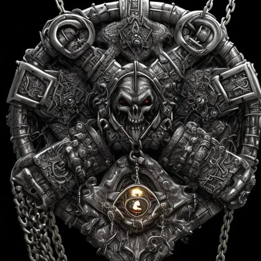 Prompt: hyperrealist detailed amulet in the middle center of a black background, with a chain, Demonic, Orcish, glowing