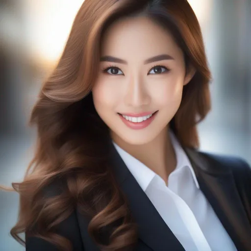 Prompt: Upper body Portrait of a Beautiful (Filipino:Japanese:0.5) girls, with wavy long hair, glossy big detailed eyes, beautifully detailed nose, charming lips and smile. business suit with jacket. highly detailed skin, textured skin. Masterpiece by professional photographer, Commerical ads lighting.