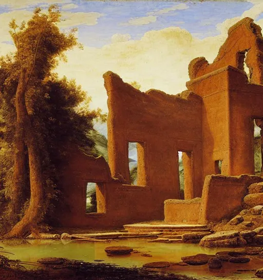 Prompt: a ruined temple, pond island, landscape, painting by clérisseau, mongolian painting, ernst haeckel, georges lemmen, belmiro de almeida, mughal painting, andrea del sarto, quantum tracing, composition is covered with smallest distinct looping lines, interlaced, oxide texture, rust texture, ethereal hues, extremely finest linear surface texture, textured, hdr soft diffused light, sharp focus extremely detailed fantasy intricate 8k dynamic lighting fantastic view crisp quality orderly Meticulous intricate details.