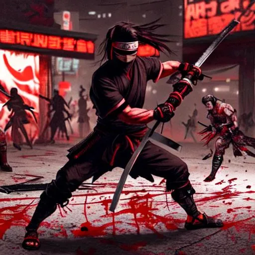 Prompt: Ninja wielding Katana chopping off Leg of Samurai while Blood Splatters Everywhere in Cyber Punk City in Same Scene