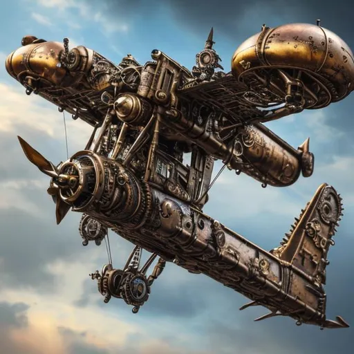 Prompt: 8k masterpiece, highly detailed, steampunk aeroplane flying in the skies over a steampunk city