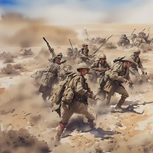 Prompt: Battle of El Alamein 1942 in watercolor