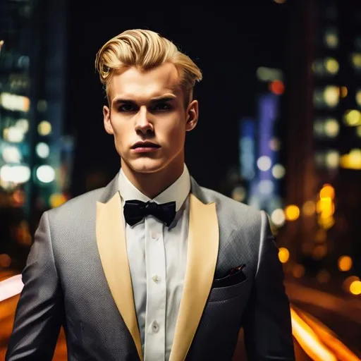Prompt: a man white dark red suit tie and blond hair, background in city night 