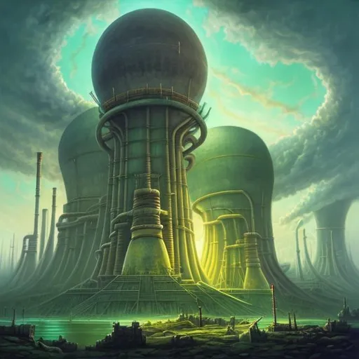 Prompt:  fantasy art style, painting, pipes, monument, nuclear reactor, cube, power plants, nuclear fusion, nuclear power, nuclear weapons, bombs, torpedoes, misiles, concrete, neon lights, green neon lights, pollution, smog, fog