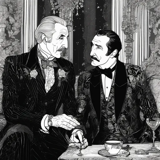 Prompt: (Christopher Lee talking to Vincent Price), Black and White pen and ink sketch style, dark color scheme, elegantly gothic attire, intricate details, dim lighting, dramatic shadows, opulent background, luxurious textures, ornate furniture, deep reds and blacks, baroque patterns, solemn atmosphere, rich color tones, dark romanticism, ultra-detailed, 4K, photorealistic masterpiece, timeless elegance.