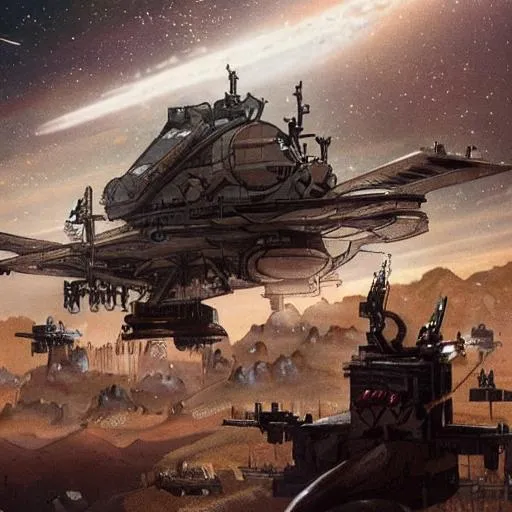 Prompt: A post apocalyptic, futuristic, space war above a brown earth. 