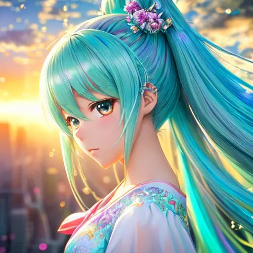 Prompt: High detail, anime art, high resolution, sharp image, intricate hyperdetailed breathtaking colorful glamorous scenic view landscape 3d anime hatsune miku, petite young body, hyperdetailed intricate flying fluffy hair, stray hairs, hyperdetailed complex, hopeful, studio lighting, cinematic light, glowing sushine, highly detailed light reflection, iridescent light reflection, beautiful shading, impressionist painting, resolution high res, intricately detailed complex, key visual, precise lineart, vibrant, masterfully crafted, panoramic, cinematic, beautiful, stunning, ultra detailed, expressive, hypermaximalist, colorful, rich deep color, vintage show promotional poster, glamour, fantasy art, brush strokes, carne griffthis, conrad roset, 