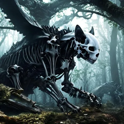 Prompt: Cute, black, white bones, skeleton cat with cat skull head, cat made of bones and rotting flesh, possessing the element of death and making bones and bone pieces move around in the air in a magical way. Perfect features, extremely detailed, realistic, complimentary colors, dark forest background, realistic cat