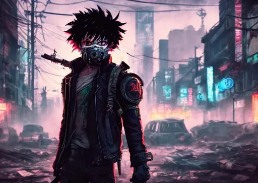 Prompt: Long exposure. post-apocalyptic background with nuclear blast. Neon anime. Solo Vigilante deku with mask. Tattered clothes. Brutal.