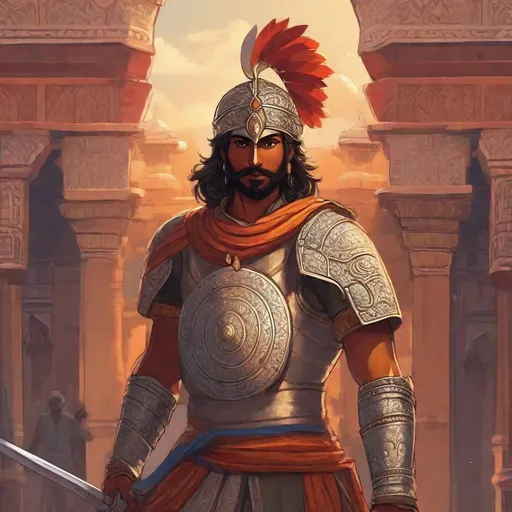 Prompt: A rajput warrior from medieval India. He wields a curved sword and holds a shield. He wears a full helmet. In background an hindu temple. Rpg art. Anime art. 2d art. 2d. Well draw face. Detailed. 
