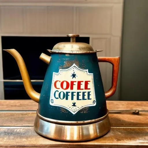 Prompt: a vintage coffee pot sitting on a stove with a wooden sign in the background with the words "Let's Do Coffee" painted on it