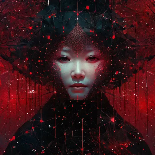 Prompt: "Black and red : a smiling happy little ghost : shiny aura : highly detailed : nacreous filigree : intricate motifs : organic tracery : by Android jones : Januz Miralles : Hikari Shimoda : constellations map by W. Zelmer : perfect composition : digital painting : artstation : smooth : sharp focus : sparkling particles"