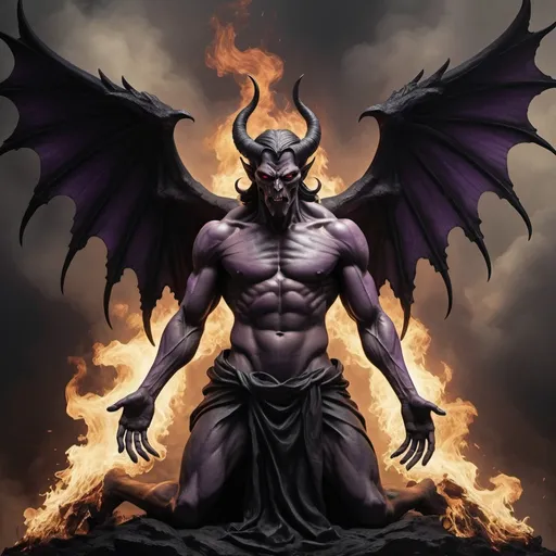 Prompt: Create a powerful and haunting image of a male demon embodying the Promortalism philosophy. This demon should convey a somber and resolute presence, symbolizing the belief in the cessation of life as a release from suffering. Design the demon with an imposing, skeletal frame, dark, shadowy wings, and a demeanor of solemn authority. Surround him with elements that evoke the end of life's cycle, such as wilting flowers, extinguished flames, or crumbling structures. Use a muted color palette with shades of black, gray, and deep purples to enhance the atmosphere of inevitability and finality. The overall mood should be dark, contemplative, and reflective of the philosophy's focus on the cessation of existence as a form of liberation from suffering.