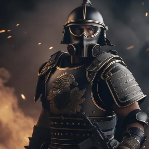 Prompt: A modern roman military male in black military armor galea helmet of roman armor, with a gunfire and gas mask, background war battle, FULL BODY, Hyperrealistic, sharp focus, Professional, UHD, HDR, 8K, Render, electronic, nervous vibe, loud, tension, dark, Epic