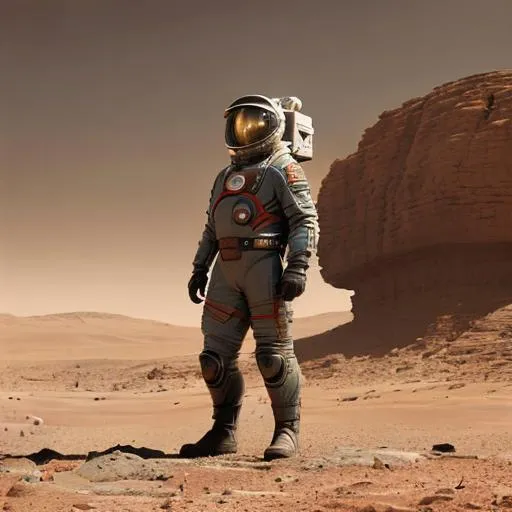 Prompt: a man in a space suit standing in the desert, mars one mission, cgsociety ), american soldiers invaded mars, by Gilles Beloeil, mars ravelo and greg rutkowski, by Scott Listfield, selfie of elon musk on mars, stunning sci-fi concept art, mars mission, colony on mars, trending on concept art, mars vacation photo, sparth style