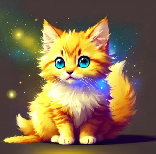 Prompt: Cute, yellow, fluffy, fantasy light kitten, with lighting, yellow eyes, yellow fur, and possessing the element of space and making circles of lighting stripes
 move around in the air in a magical way, in a space background. Perfect features, extremely detailed, realistic. Krenz Cushart + loish +gaston bussiere +craig mullins, j. c. leyendecker +Artgerm.