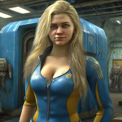 Prompt: hyper realistic, ultra detailed photograph of 18 years old woman, perfect shape, cleavage, in fallout 4 game wearing skimpy low cut blue vault suit, blonde long hair, full body, depth of field, HOF, hall of fame, detailed gorgeous face, professional photographer, captured with professional DSLR camera, trending on Artstation, 64k, ultra detailed, ultra accurate detailed, bokeh lighting, surrealism, urban, ultra real life engine.