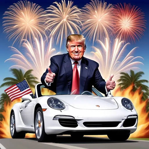 Prompt: my friend tom's birthday is on Donald Trumps birthday and he's a huge fan. Tom's birthday is on January 20th, presidential inaguration day. I would like a caracture style image of Tom driving a white porche, with a florida-style background, with fire works in the back, patriotic images, nad a banner that says "Happy Birthday Tom!! in a way that Donald Turmp would say it in his bombastic way. Attached is a picture of Tom.