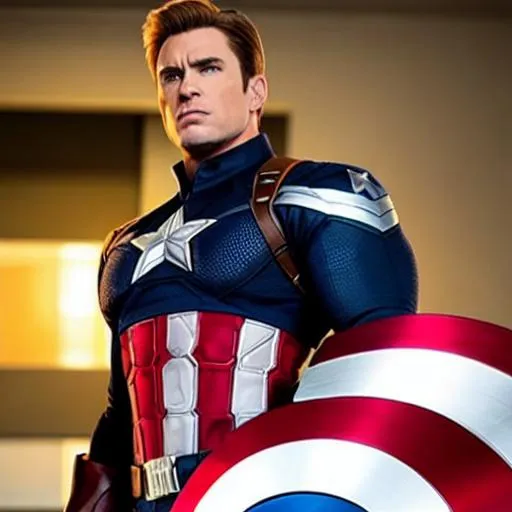 Prompt: Captain Might combines the iconic visual elements of both Captain America and All-Might, creating a visually striking and powerful character.

Captain Might has a muscular and imposing physique, similar to All-Might, with a tall and broad build. He wears a modified version of Captain America's patriotic suit, incorporating elements of All-Might's costume design. The suit is predominantly blue, with red and white accents, and features a prominent star symbol on the chest, representing Captain America's shield. The suit also incorporates bold white stripes that extend from the chest to the shoulders, reminiscent of All-Might's muscular patterns.

Captain Might's shield is a hybrid of Captain America's iconic circular shield and All-Might's symbol. It features a star design in the center, surrounded by All-Might's smiling face. The shield is a representation of both characters' resilience, strength, and unwavering spirit.

In terms of his overall appearance, Captain Might wears a blue helmet with a white wing-like structure on either side, inspired by Captain America's helmet design. He also wears a red, white, and blue cape that flows behind him, symbolizing his heroic presence and representing both characters' commitment to justice and protecting the innocent.