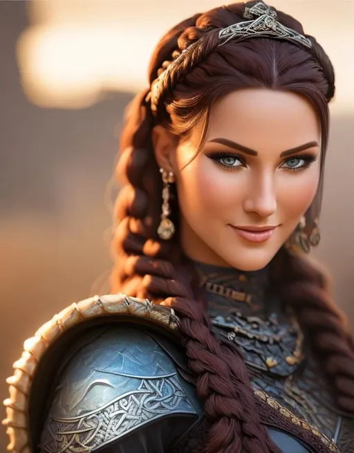 Prompt: highest quality stylized viking woman masterpiece, dark purple hair, award-winning 3d oil painting art, perfect anatomy in perfect composition, long shot, hyper-realistic photography, intricate, 64k, UHD, HDR, (intricate eyes), extraordinary lips, smile, gorgeous eyelashes, highly detailed face, hyper-realistic facial features, cinematic 3d volumetric, dramatic lighting with backlit backlight, by Julia Razumova