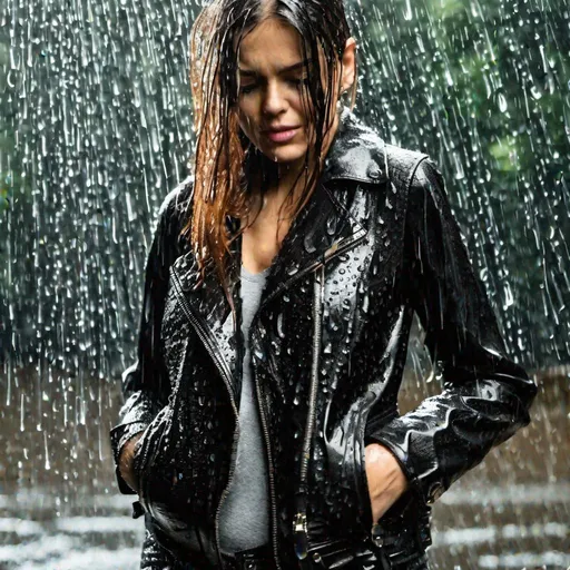 Prompt: girl which is with leather jacket and pants black leather crocodile Backpack is in heavy rain with Very intensive showering