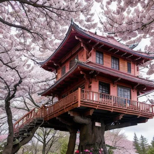 Prompt: THE CHERRY BLOSSOM TREE HOUSE :: beautiful ornate treehouse in a gigantic pink cherry blossom tree :: on a high blue grey and brown cliff with light snow and pink cherry blossom trees :: Roger Deakins and Moebius and Alphonse Much and Guweiz :: Intricate details, very realistic, cinematic lighting, volumetric lighting, photographic, --ar 9:20 --no blur bokeh defocus dof --s 4000