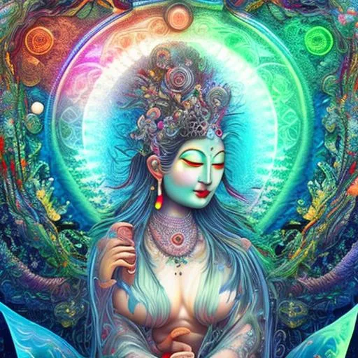 Prompt: love bodhisattva goddess of amazing dreams, bubbles, planets, floating waterfalls, color, flowers, ornate, intricate, flowing, neon, led, fractals