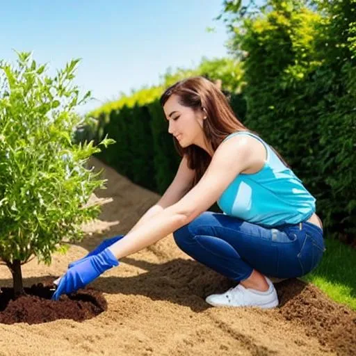 Prompt: A beautiful woman,under sun light,in garden, planting a tree,sunny