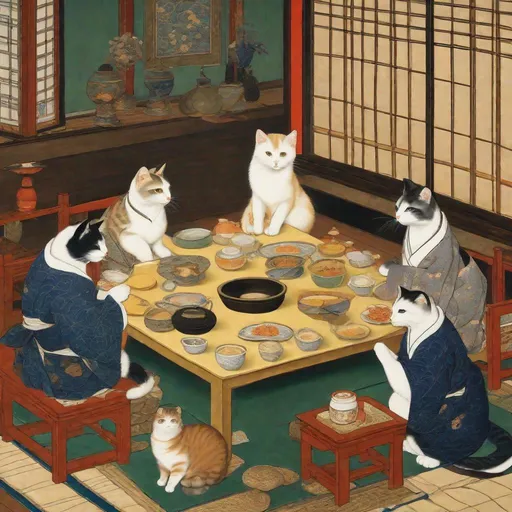 Prompt: 15th Century Japanese painting of a cats in business clothing sitting around a table eating butter and discussing business. Exquisite Detail Everything is perfectly to scale, Aesthetically Brilliant with a cool ambience HD, UHD, 8k Resolution, Vibrant Colorful Award winning 