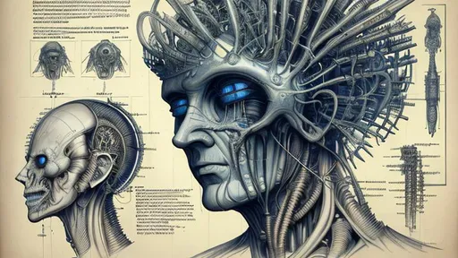 Prompt: technical drawing blueprint Futurism art style infographics exploded view of  biomechanical head of donald trump  by hr giger combined with Zdzislaw Beksinski and Ed Binkley, retro, infographics, marginalia, detailed exploded view, 1950's popular mechanics poster, retrofuturistic
