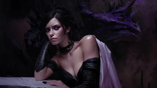 Prompt: A portrait of a woman with purple eyes and black shoulder length hair and purple eyes wearing a off the shoulder black dress perfect composition, hyperrealistic, super detailed, 8k, high quality, sharp focus, studio photo, intricate details, highly detailed, Expressionism art by greg rutkowski